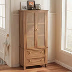 Armoire de cuisine avec portes en rotin, Armoire de rangement haute de 162 cm avec 2 tiroirs et étagères réglables, Armoire de cuisine en bois