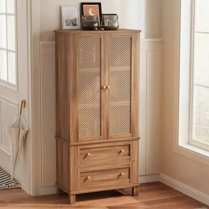 Armoire de cuisine avec portes en rotin, Armoire de rangement haute de 162 cm avec 2 tiroirs et étagères réglables, Armoire de cuisine en bois