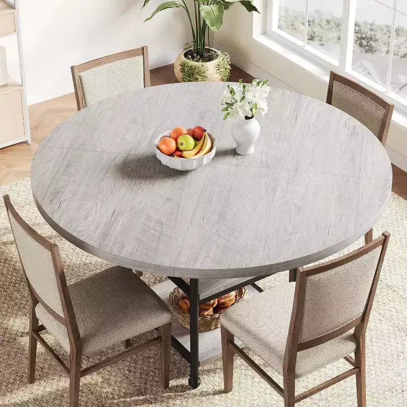 Table de salle à manger ronde - 119 cm pour 4 à 6 personnes, table de cuisine spacieuse avec structure robuste et pieds réglables