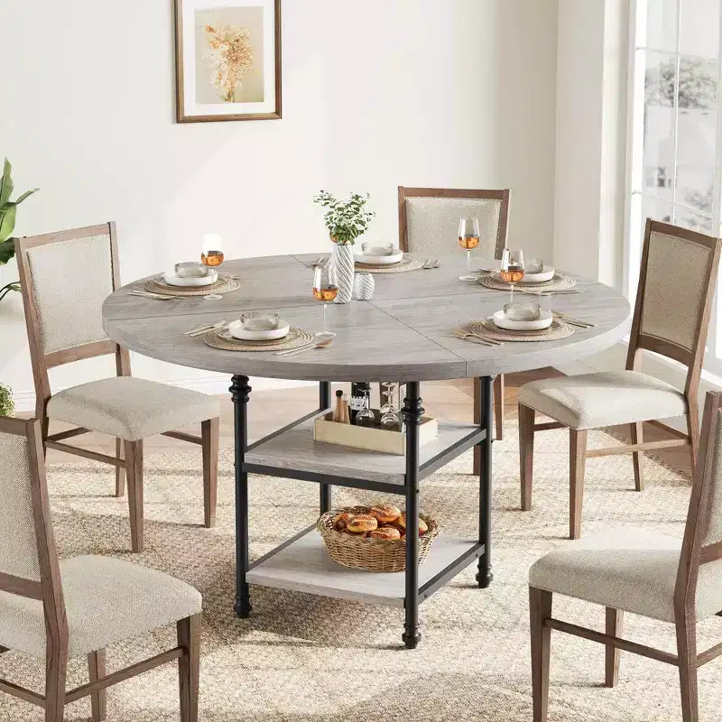 Table de salle à manger ronde - 119 cm pour 4 à 6 personnes, table de cuisine spacieuse avec structure robuste et pieds réglables