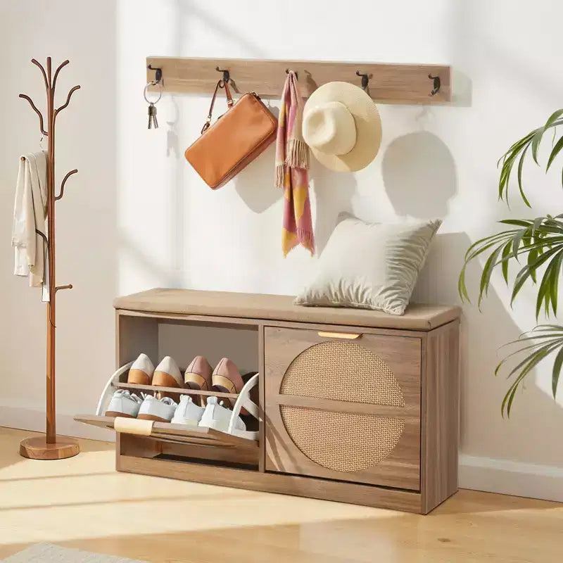 Banc à chaussures VEVOR pour entrée, 98,8 x 23,9 x 50 cm, aspect rotin, avec tiroirs basculants, capacité de 200 kg, meuble de rangement pour chaussures avec coussin, marron