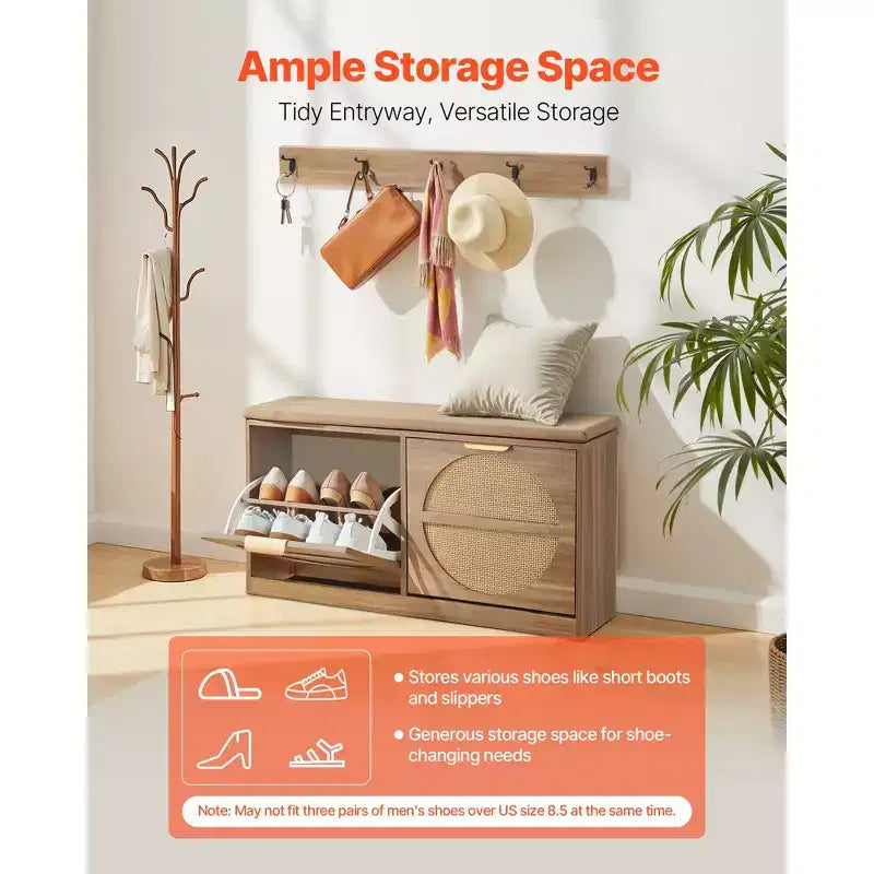 Banc à chaussures VEVOR pour entrée, 98,8 x 23,9 x 50 cm, aspect rotin, avec tiroirs basculants, capacité de 200 kg, meuble de rangement pour chaussures avec coussin, marron