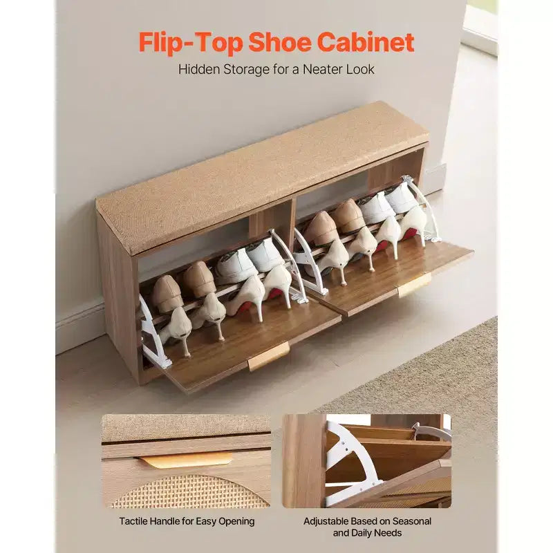 Banc à chaussures VEVOR pour entrée, 98,8 x 23,9 x 50 cm, aspect rotin, avec tiroirs basculants, capacité de 200 kg, meuble de rangement pour chaussures avec coussin, marron
