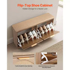 Banc à chaussures VEVOR pour entrée, 98,8 x 23,9 x 50 cm, aspect rotin, avec tiroirs basculants, capacité de 200 kg, meuble de rangement pour chaussures avec coussin, marron