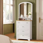 Acekool 4 Drawer Dresser with Mirror, Charging Station & Glass Top, Modern Makeup Vanity Cabinet for Bedroom, Living Room, Entryway