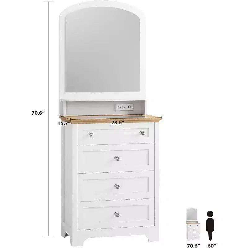 Commode à 4 tiroirs Acekool avec miroir, station de recharge et plateau en verre, coiffeuse moderne pour chambre à coucher, salon, entrée