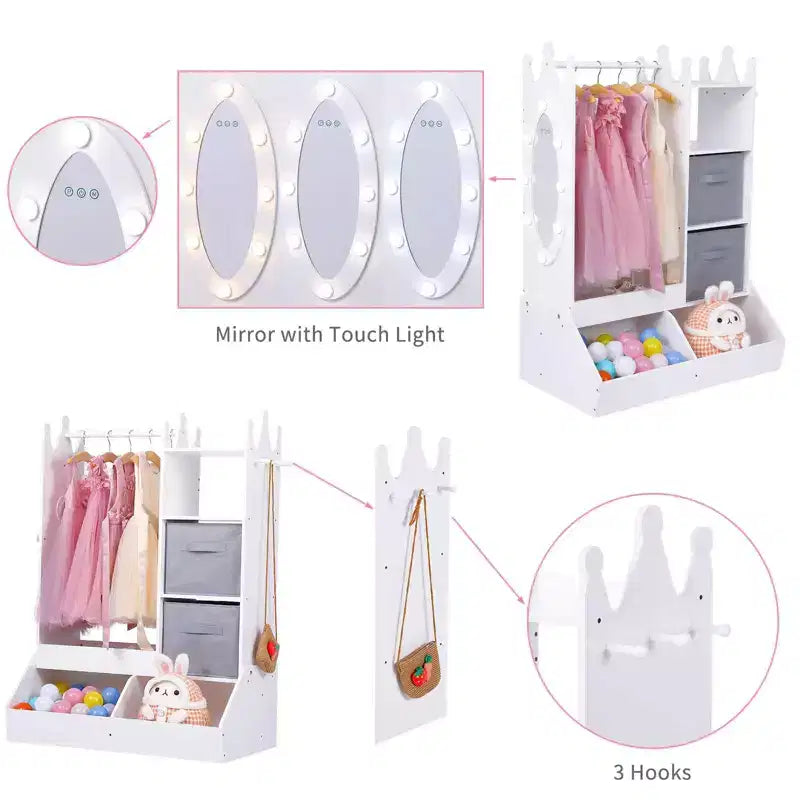 Meuble de rangement pour déguisements de filles - Comprend lumière, miroir, penderie et bac de rangement