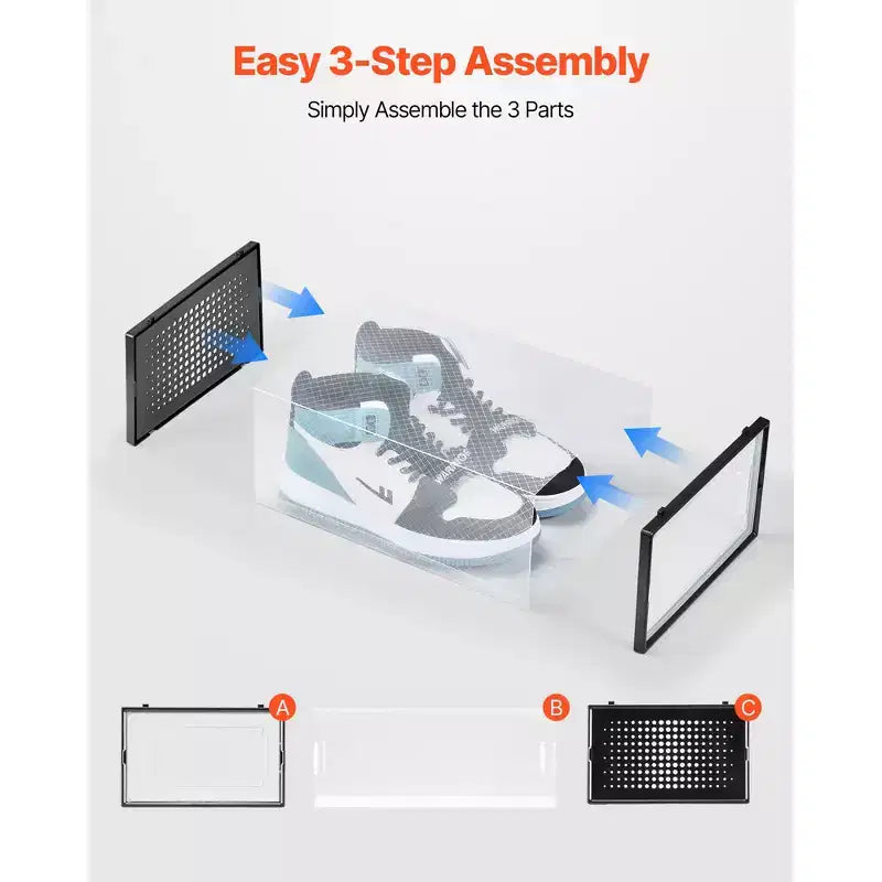 VEVOR Boîtes de Rangement pour Chaussures, Lot de 12 Organiseurs de Rangement Empilables, Adaptées jusqu'à la Taille US 11, Noir&Transparent