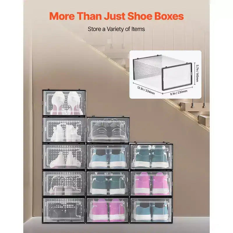 VEVOR Boîtes de Rangement pour Chaussures, Lot de 12 Organiseurs de Rangement Empilables, Adaptées jusqu'à la Taille US 11, Noir&Transparent