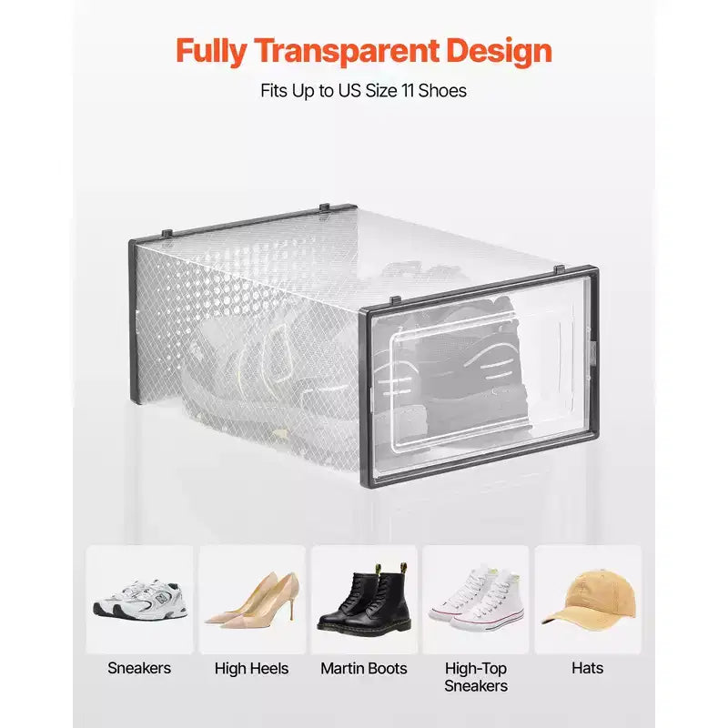 VEVOR Boîtes de Rangement pour Chaussures, Lot de 12 Organiseurs de Rangement Empilables, Adaptées jusqu'à la Taille US 11, Noir&Transparent