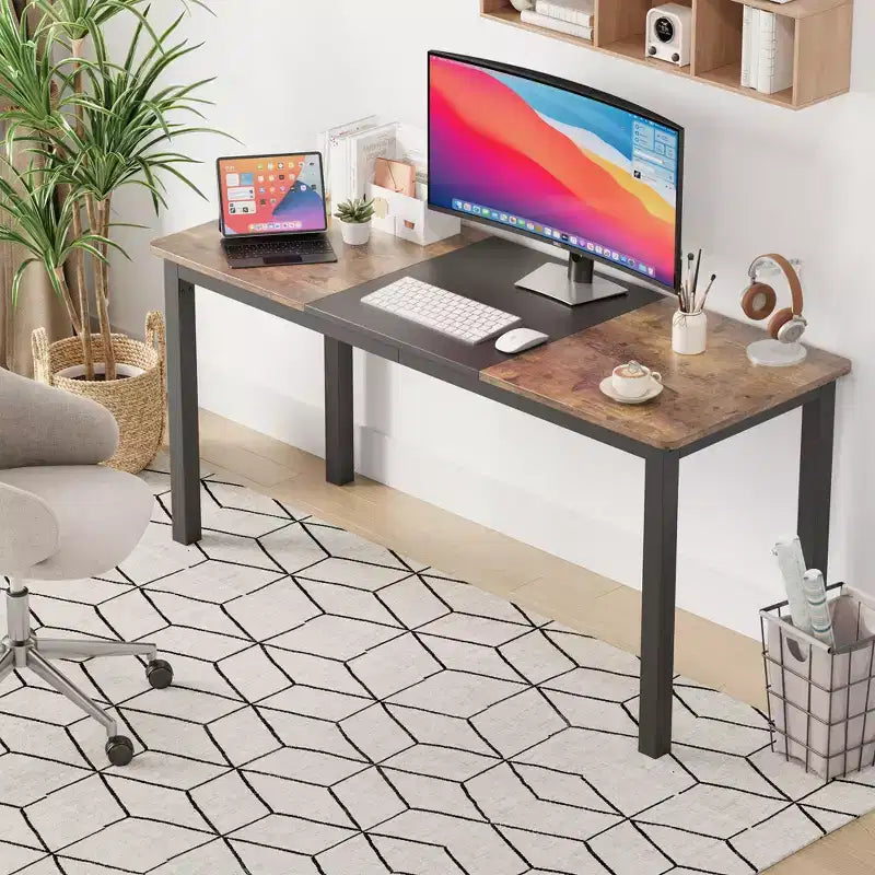 Bureau informatique 160 cm - Grande table d'écriture avec pieds en métal, bureau en bois noir pour la maison/le bureau, poste de travail multifonctionnel