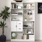 MAYEERTY Bookcase with Pegboard and Drawer 9 Cubby Display Book Shelves for Living Room White