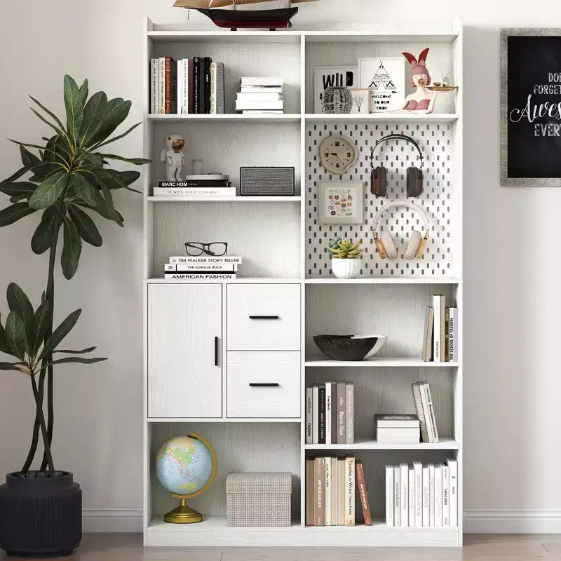 MAYEERTY Bookcase with Pegboard and Drawer 9 Cubby Display Book Shelves for Living Room White