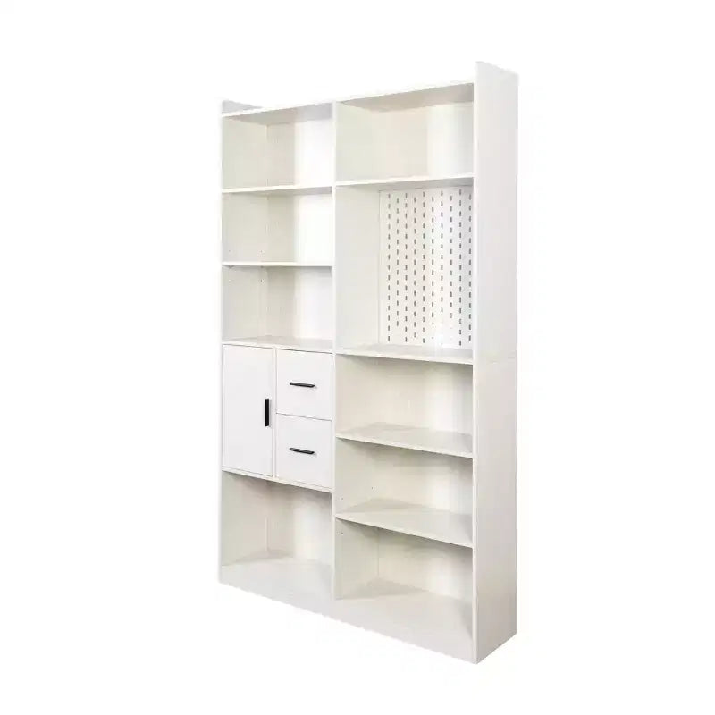 MAYEERTY Bibliothèque avec panneau perforé et tiroir, étagère à 9 compartiments pour salon, blanc