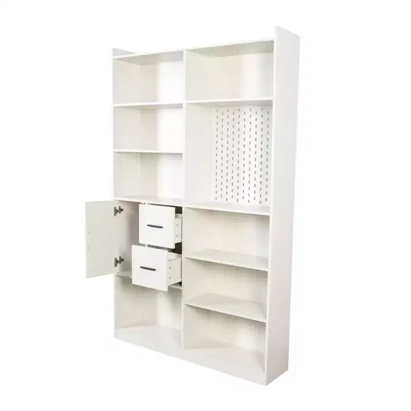 MAYEERTY Bibliothèque avec panneau perforé et tiroir, étagère à 9 compartiments pour salon, blanc