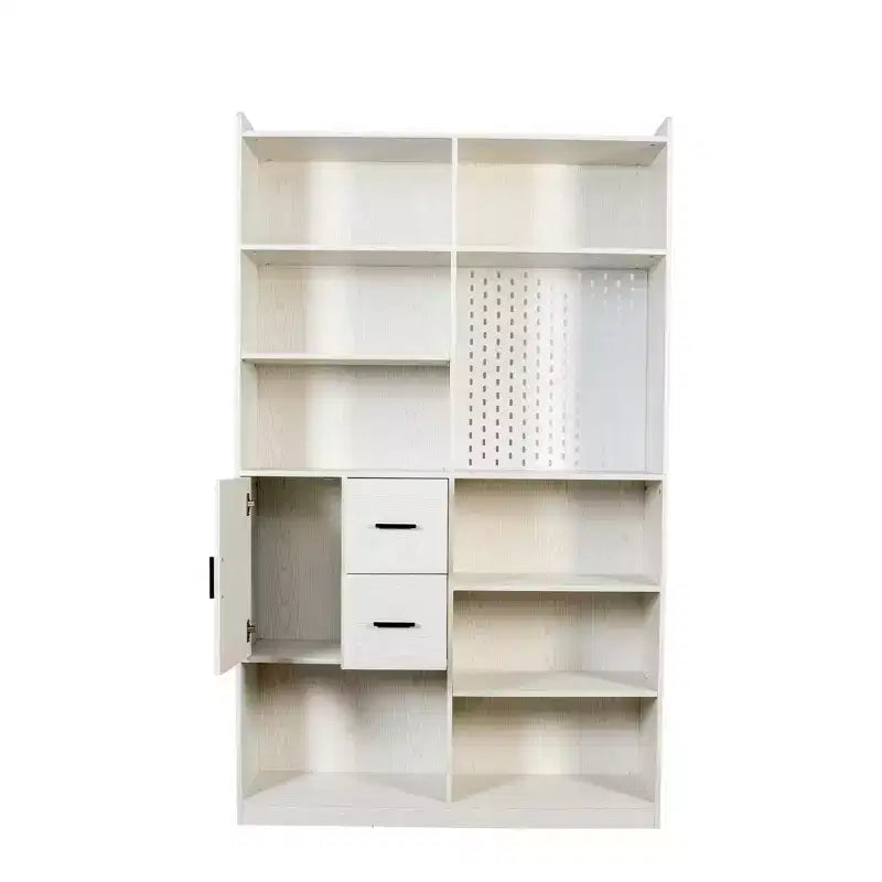 MAYEERTY Bibliothèque avec panneau perforé et tiroir, étagère à 9 compartiments pour salon, blanc