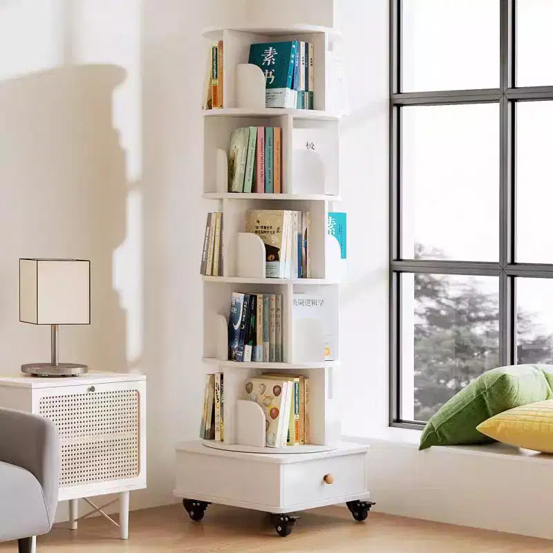 MAYEERTY Bibliothèque d'angle à écran 360° pour petits espaces, étagère de rangement à 6 niveaux avec roulettes pour salon, chambre, blanc