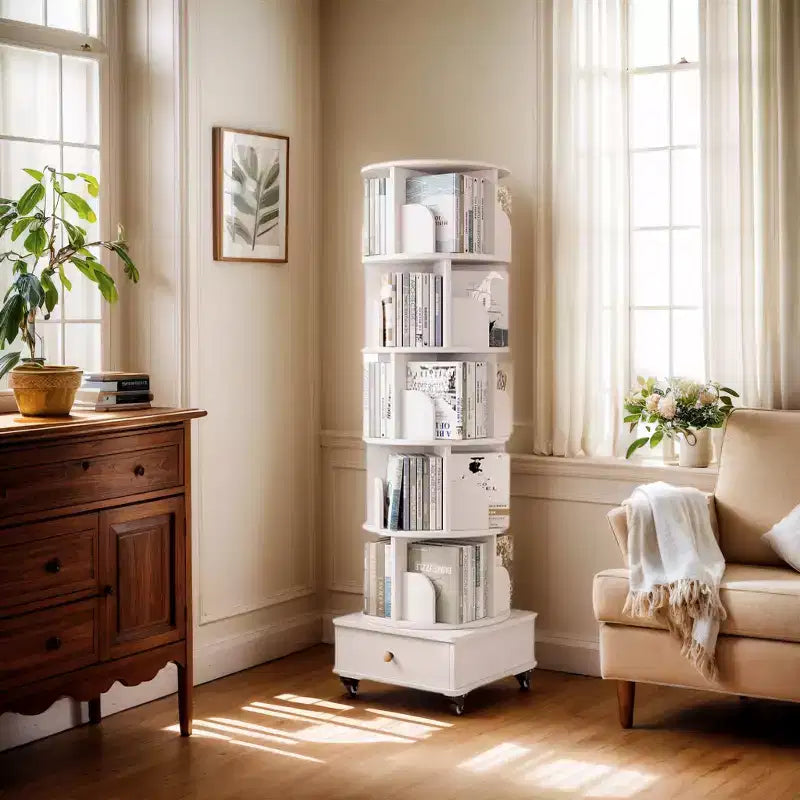 MAYEERTY Bibliothèque d'angle à écran 360° pour petits espaces, étagère de rangement à 6 niveaux avec roulettes pour salon, chambre, blanc