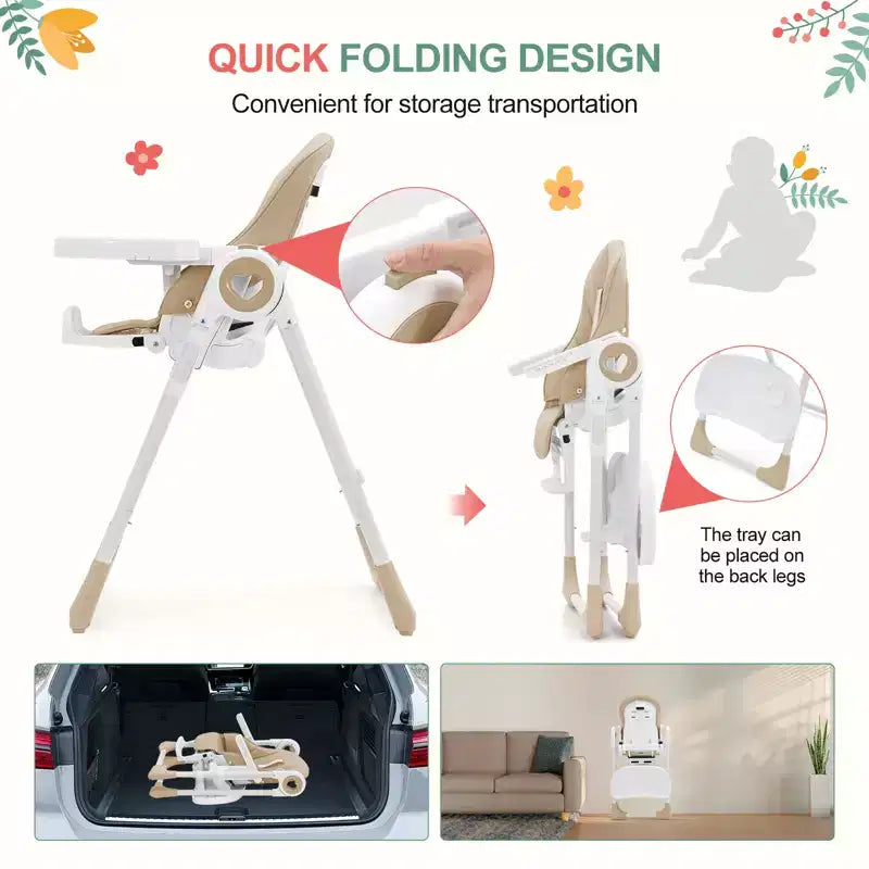 Chaises hautes pliantes pour bébés et tout-petards avec plateau amovible, chaises hautes légères pour bébés, harnais de sécurité 5 points, plusieurs positions d'inclinaison