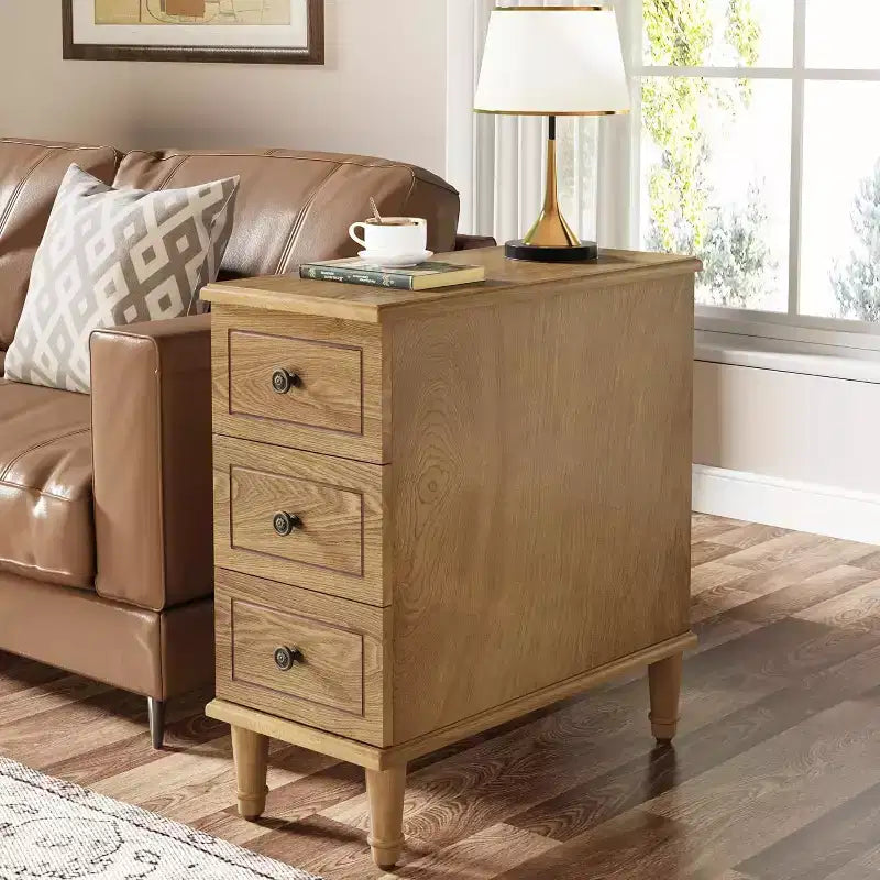 Lantine Solid Wood End Table, Fully Assembled Narrow Side Table with Drawers, Pre-Assembled Nightstand for Living Room