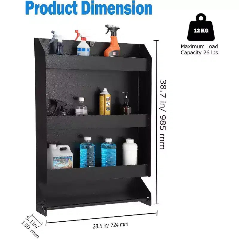 Meuble de Rangement Mural 3 Niveaux avec Support pour Rouleau d'Essuie-Tout - Armoire à Outils pour Garage/Remorque, Noir