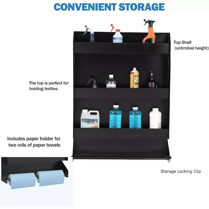Meuble de Rangement Mural 3 Niveaux avec Support pour Rouleau d'Essuie-Tout - Armoire à Outils pour Garage/Remorque, Noir