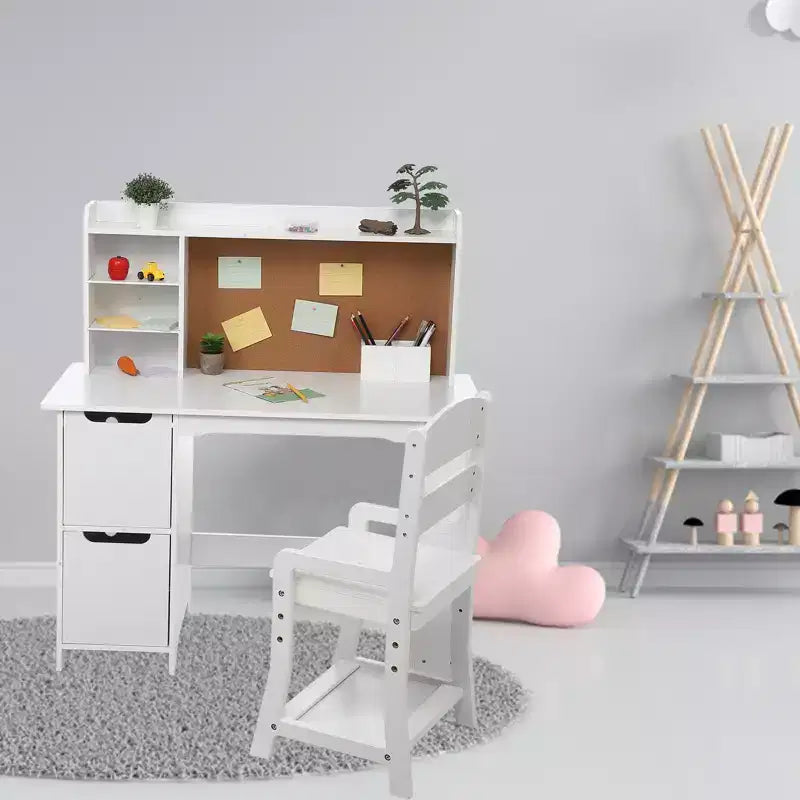 Bureau d'étude pour enfants avec chaise et étagère - Ensemble bureau blanc avec tableau d'affichage, armoires de rangement pour les 3-8 ans