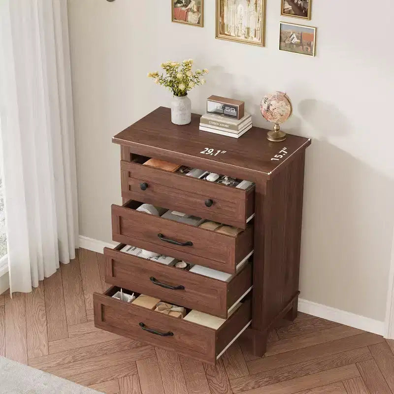 Commode de chambre à 4 tiroirs TROPOW, commode verticale de 88,4 cm de haut avec grand espace de rangement, armoire de rangement autoportante en bois pour chambre à coucher, salon, grise