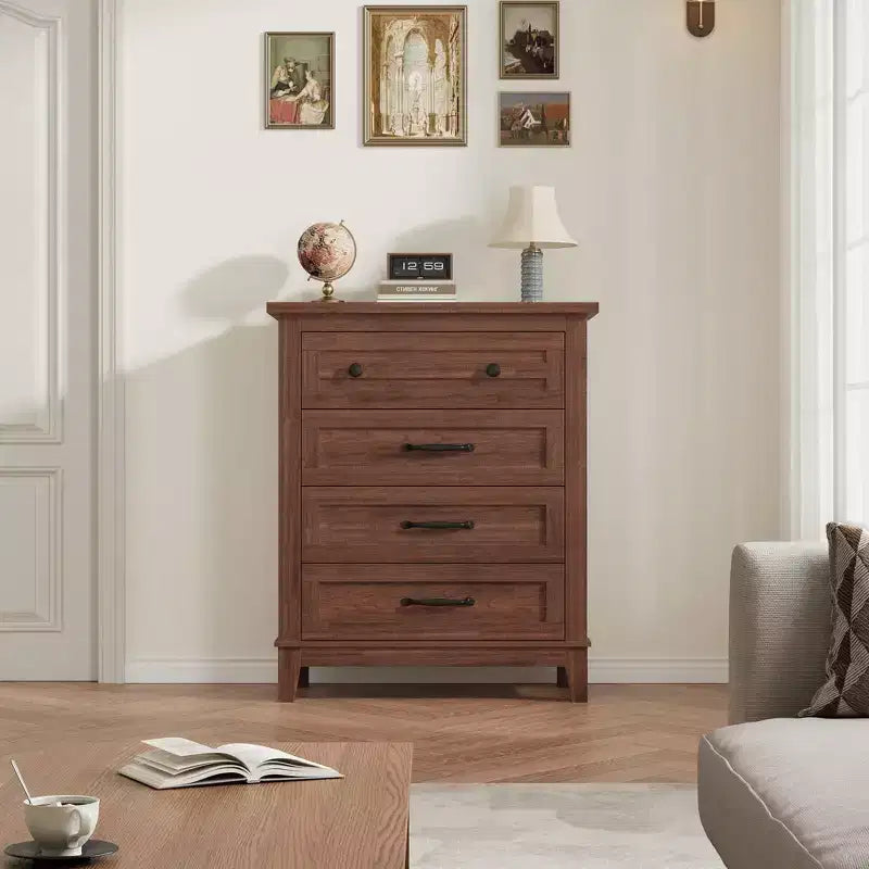 Commode de chambre à 4 tiroirs TROPOW, commode verticale de 88,4 cm de haut avec grand espace de rangement, armoire de rangement autoportante en bois pour chambre à coucher, salon, grise