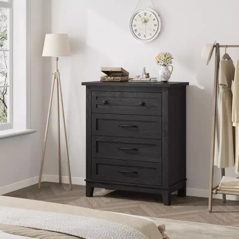 Commode de chambre à 4 tiroirs TROPOW, commode verticale de 88,4 cm de haut avec grand espace de rangement, armoire de rangement autoportante en bois pour chambre à coucher, salon, grise