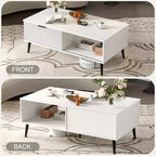 41.34 Table basse en bois avec meuble de rangement, conception à deux niveaux, portes coulissantes de style vague