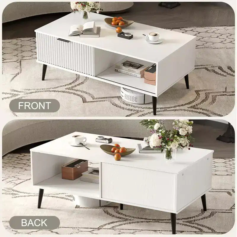 41.34 Table basse en bois avec meuble de rangement, conception à deux niveaux, portes coulissantes de style vague
