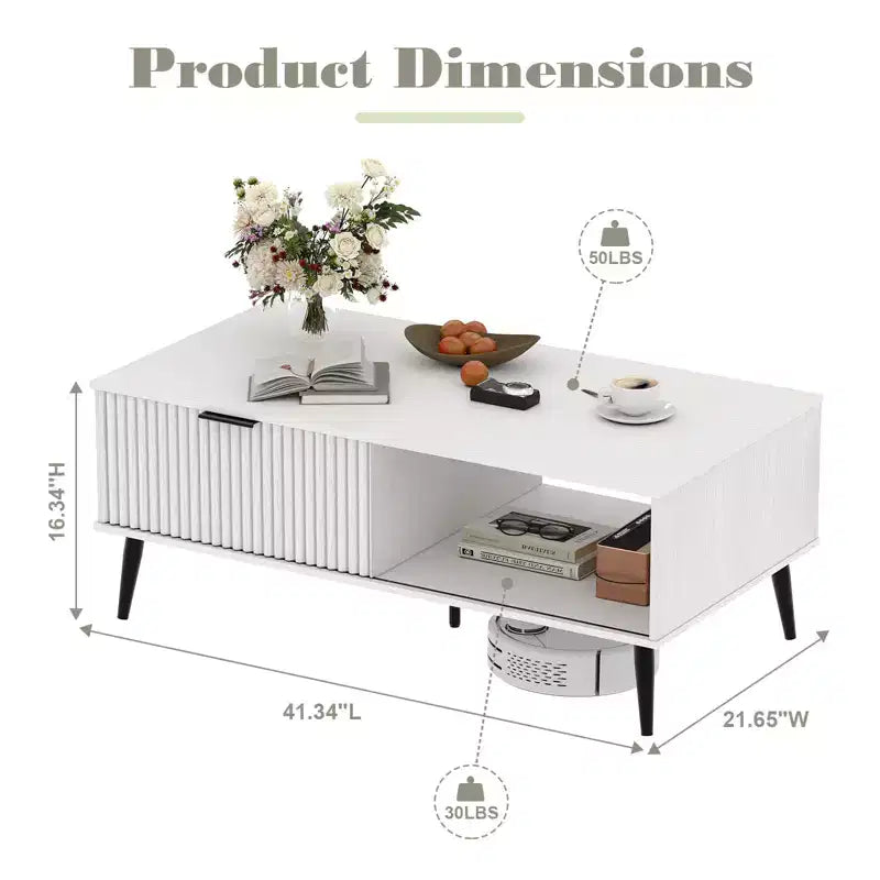 41.34 Table basse en bois avec meuble de rangement, conception à deux niveaux, portes coulissantes de style vague