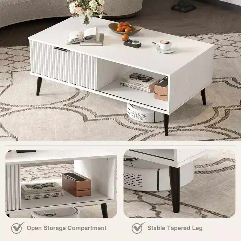 41.34 Table basse en bois avec meuble de rangement, conception à deux niveaux, portes coulissantes de style vague