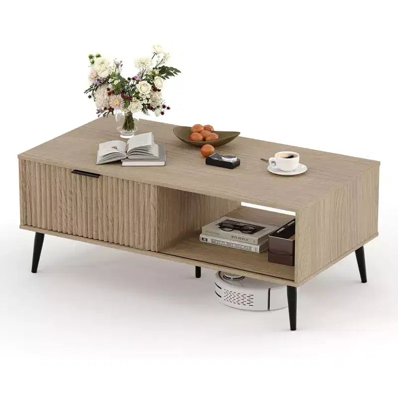 41.34 Table basse en bois avec meuble de rangement, conception à deux niveaux, portes coulissantes de style vague