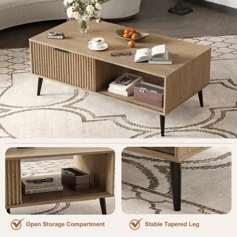 41.34 Table basse en bois avec meuble de rangement, conception à deux niveaux, portes coulissantes de style vague