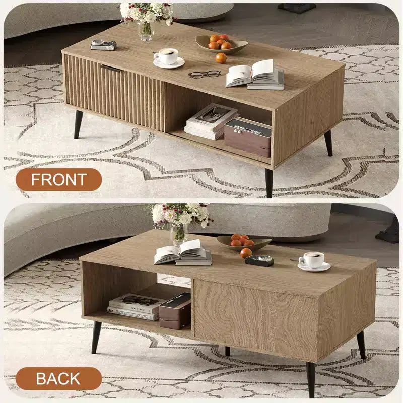 41.34 Table basse en bois avec meuble de rangement, conception à deux niveaux, portes coulissantes de style vague
