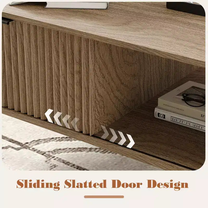 41.34 Table basse en bois avec meuble de rangement, conception à deux niveaux, portes coulissantes de style vague