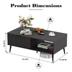 41.34 Table basse en bois avec meuble de rangement, conception à deux niveaux, portes coulissantes de style vague
