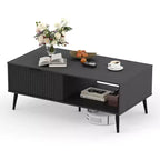 41.34 Wooden Coffee Table with Storage Cabinet, Two-Tier Design, Wave-Style Sliding Doors
