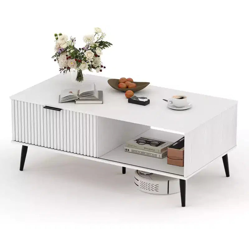 41.34 Table basse en bois avec meuble de rangement, conception à deux niveaux, portes coulissantes de style vague