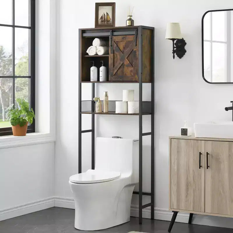 Over The Toilet Storage Cabinet, Farmhouse Bathroom Cabinet with Sliding Door - Adjustable Shelf Rustic Brown