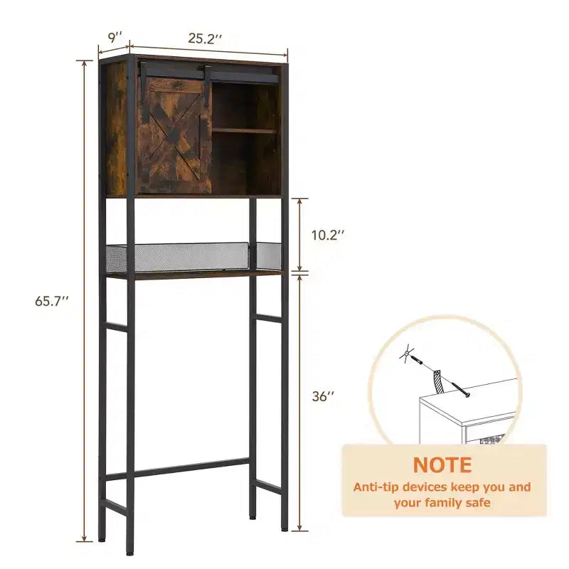 Meuble de rangement pour toilettes, armoire de salle de bain de style ferme avec porte coulissante - Étagère réglable, marron rustique