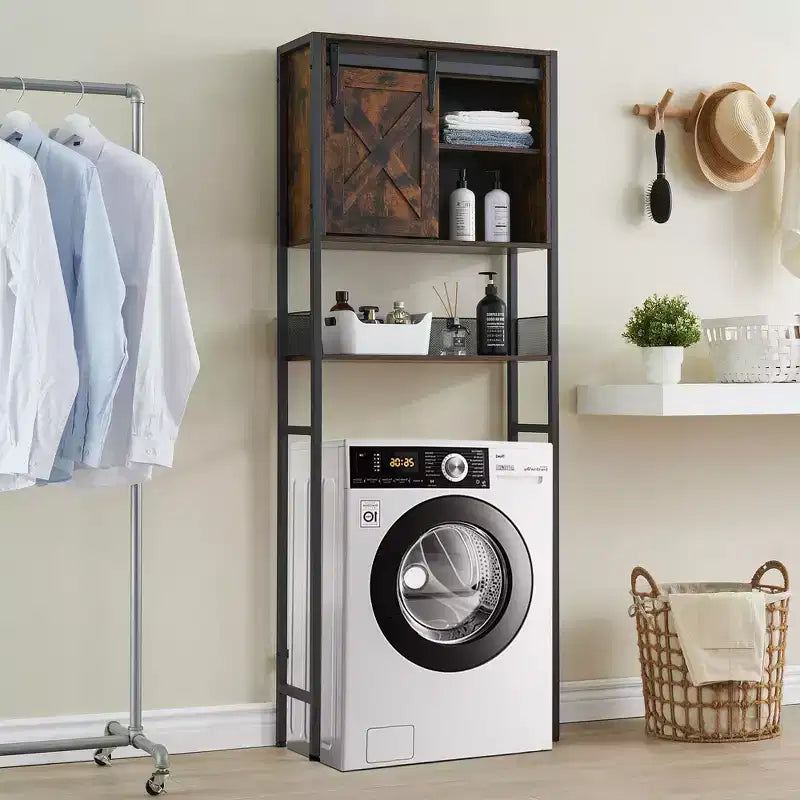 Meuble de rangement pour toilettes, armoire de salle de bain de style ferme avec porte coulissante - Étagère réglable, marron rustique