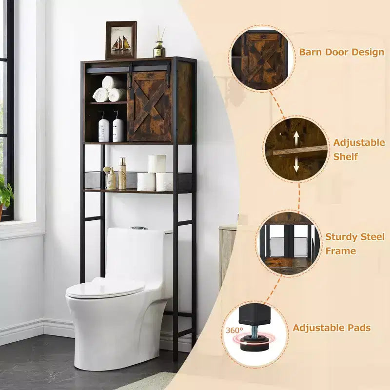 Meuble de rangement pour toilettes, armoire de salle de bain de style ferme avec porte coulissante - Étagère réglable, marron rustique