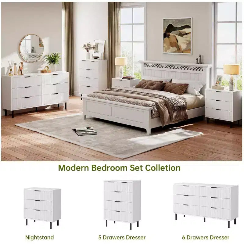 Commode moderne à 6 tiroirs cannelés de 54,7 po avec pieds et poignées en métal et dispositif anti-basculement pour chambre, salon ou couloir, chiffonnier