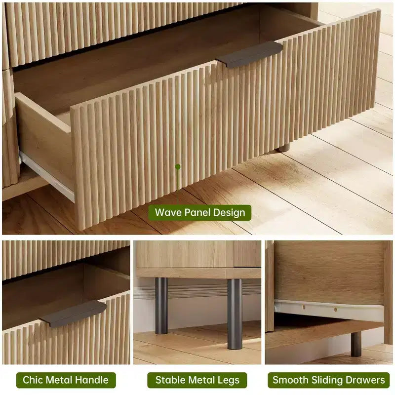 Commode moderne à 6 tiroirs cannelés de 54,7 po avec pieds et poignées en métal et dispositif anti-basculement pour chambre, salon ou couloir, chiffonnier
