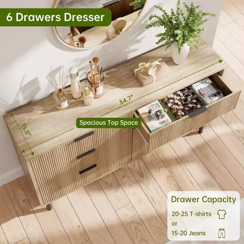 Commode moderne à 6 tiroirs cannelés de 54,7 po avec pieds et poignées en métal et dispositif anti-basculement pour chambre, salon ou couloir, chiffonnier