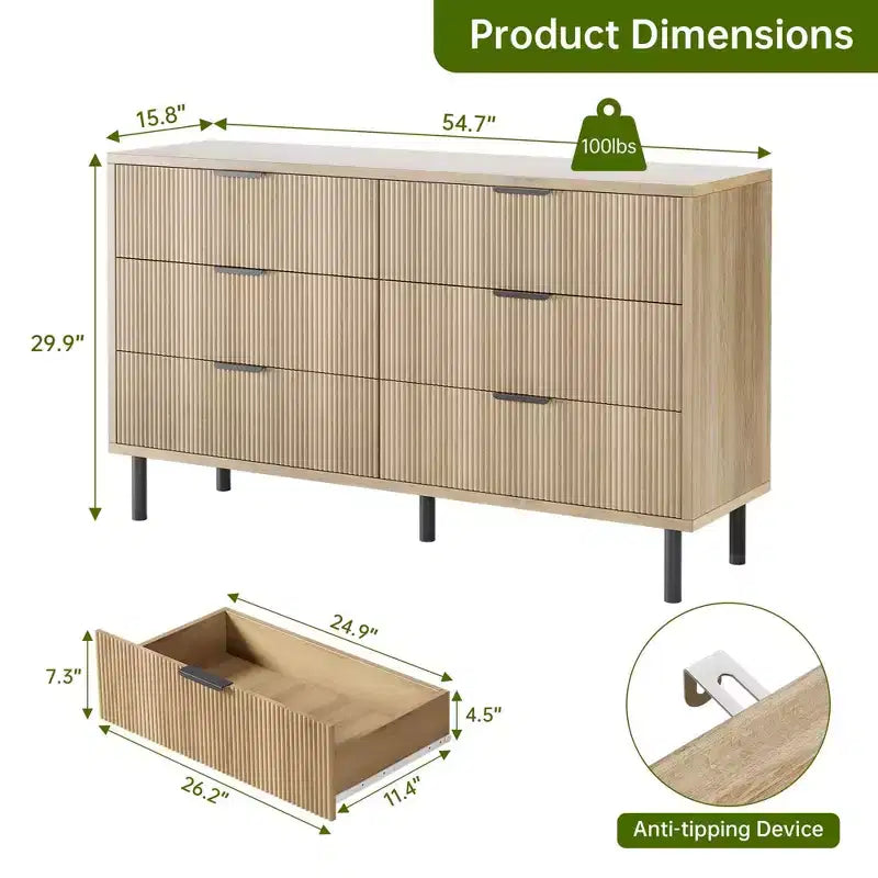 Commode moderne à 6 tiroirs cannelés de 54,7 po avec pieds et poignées en métal et dispositif anti-basculement pour chambre, salon ou couloir, chiffonnier
