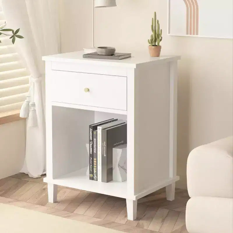MAYEERTY Table de chevet en bois avec un tiroir et une étagère pour chambre à coucher ou salon, blanc